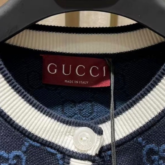 Gucci GG Logo Monogram Striped Jacquard Knit Cotton Cardigan in Navy size Large - Picture 3 of 8